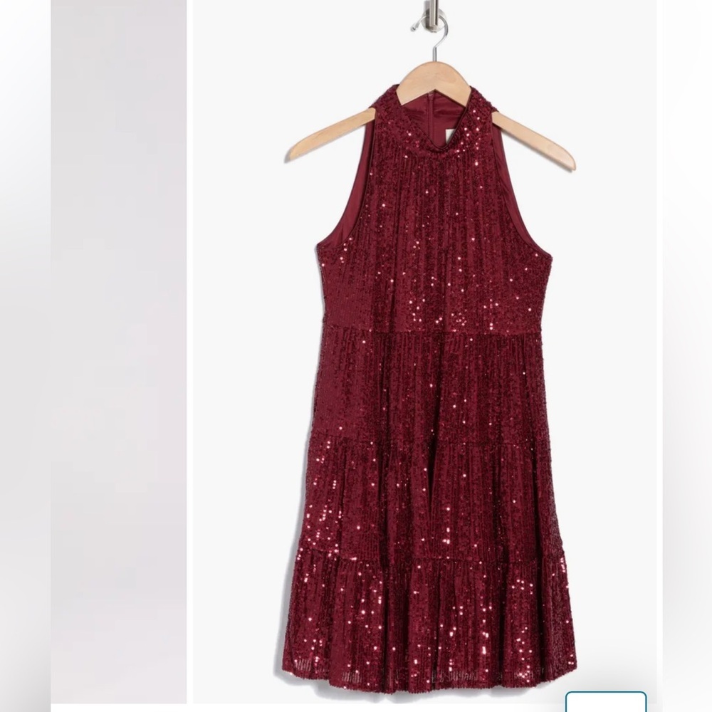 Eliza J Sequin Wine Halter Tiered Mock Neck Mini Dress size 4 - Picture 3 of 12